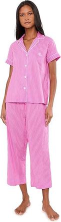 Lauren Ralph Lauren Short Sleeve Notch Collar Cropped Pants PJ Set Womens Pajama Sets Pink Stripe : LG (US 12-14), Cotton/Viscose