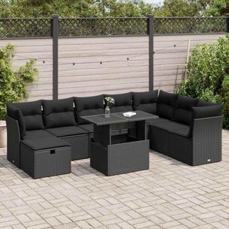 vidaXL Set De Sof&aacute;s De Jard&iacute;n Con Cojines 9 Pzas Rat&aacute;n Sint&eacute;tico Negro