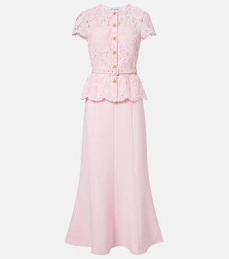 Self Portrait Abito midi in pizzo e cr&ecirc;pe con cintura