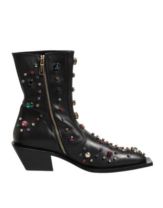 Dolce & Gabbana Mens Gem Embellished Leather Ankle Boots - Black - Size 42.5 EU/IT