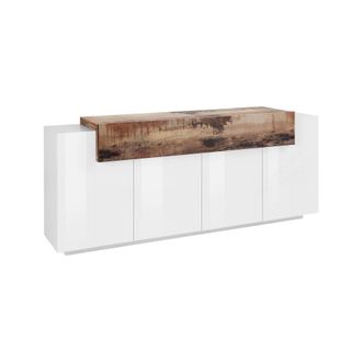 Dmora Credenza Moderna A 5 Ante, Made In Italy, Madia Da Cucina, Buffet Di Design Da Soggiorno, Cm 200x45h86, Colore Bianco Lucido E Acero, Con Imballo Rinf