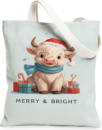 Generic Christmas Cow Canvas Tote Bags, Cute Animal Pattern Reusable Grocery Bags, Vintage Lightweight Washable Shoulder Strap Canv, Light Blue, 13x15 Inch