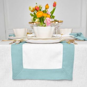 Solino Home Linen Table Runner for Dining Table, Holiday and Everyday Table Decor - Contempo in Aqua Blue And White at Nordstrom, Size Xx-Small