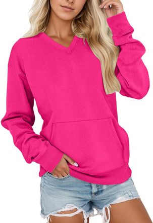 Generic Womens V-Neck Sweatshirt with Kangaroo Pocket Long Sleeve Oversized Pullover Solid Color Fall Winter Tops Drawstring Button Womens For Everyday Wear O