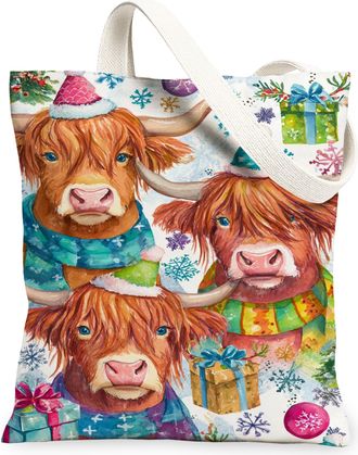 Generic Highland Cow Canvas Tote Bags, Cute Animal Pattern Reusable Grocery Bags, Winter Holiday Vintage Lightweight Washable Shoul, Colorful, 13x15 Inch