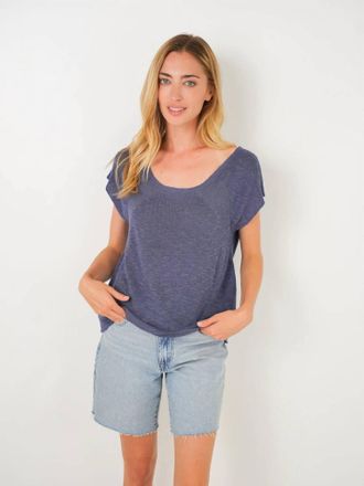 Stitchdrop Karlie Stitch Cotton Short Sleeve Sweater Top In Navy