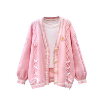 Generic Womens Cute Sweet Cardigan Sweater Love Button Long Sleeve V-Neck Bowknot Knitted Outerwear (Pink,One Size)