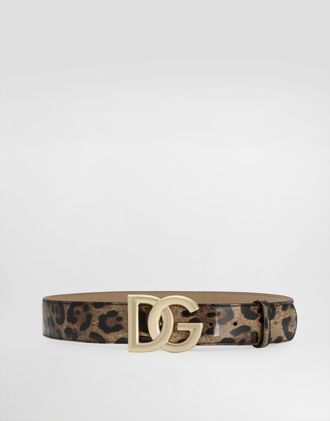 Dolce & Gabbana Kim Leopard-print Glossy Calfskin Belt With Dg Logo - Woman Belts Animal Print Leather 85