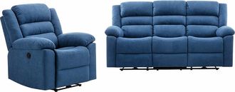 Vente-Unique Sof&aacute; de 3 plazas y sill&oacute;n reclinable el&eacute;ctrico de tela azul BUROLO