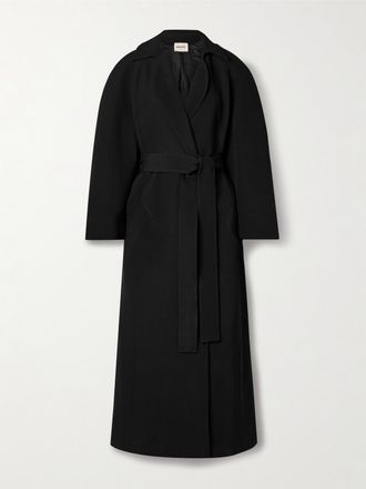 Khaite Cappotto In Grain De Poudre Con Cintura Roth - Nero