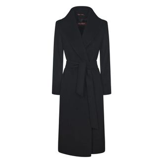 Max Mara Belted Coats, female, Black, Size: M Black Wool Long Coat Belted