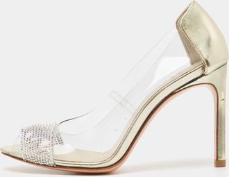 Stuart Weitzman Gold Leather And Pvc Crystal Embellished Open Toe Pumps