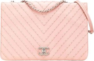 Chanel Pre-owned Borsa a Spalla Chevron Trapuntata con Borchie in Pelle di Vitello - - Pre-owned - Donna - Rosa - ONE SIZE