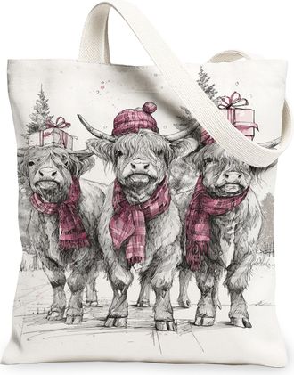 Generic Christmas Highland Cattle Canvas Tote Bags, Rustic Animal Art Pattern Reusable Grocery Bags, Winter Vintage Lightweight Was, White, 13x15 Inch