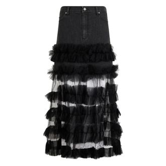 Red Valentino Denim Skirts, female, Black, Size: 3XS Long denim skirt with tulle inserts