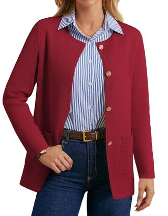 Grace Karin Ladies Autumn Casual Regular Fit Cardigans Long Sleeve Crew Neck Knitwear Sweater Red M