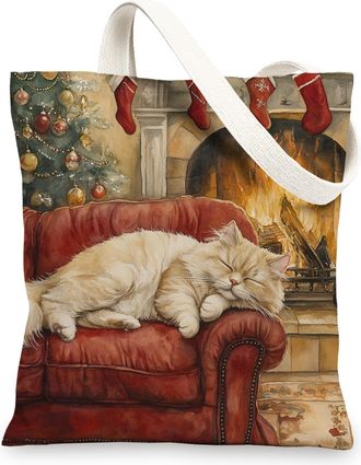Generic Christmas Persian Cat Canvas Tote Bag for Shopping 13x15, Xmas Fireplaces Scenic Reusable Grocery Print Pattern Bag for Women Men, Holiday New Year Ae