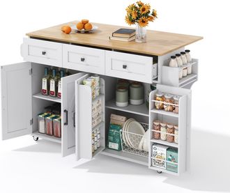 STILVORA Carro De Cocina Con 4 Puertas 3 Cajones Encimera Abatible Toalleros Y 5 Ruedas Con Freno, Mdf, Blanco Natural