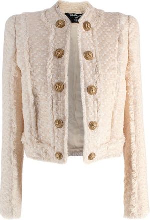 Balmain Cream Woven Open Front Jacket with Gold Button Detail Size XS