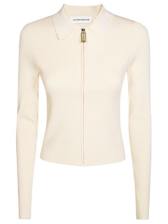 Victoria Beckham Ribbed Knit Fitted Polo Shirt