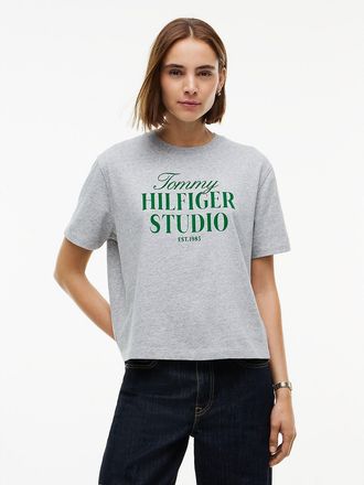 Tommy Hilfiger Womens Relaxed Fit Tommy Studio Logo T-Shirt - Light Grey Heather - XS