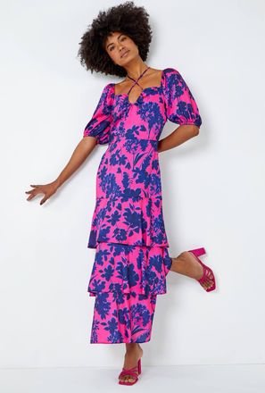 Roman Floral Puff Sleeve Tiered Maxi Dress