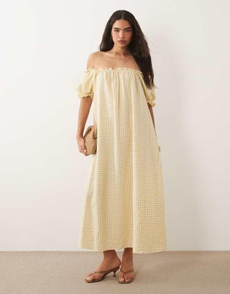 Asos Vestito lungo color crema a quadretti con maniche a sbuffo-Giallo
