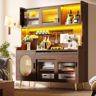 Merax Large Kitchen Pantry Cabinet with Coffee Station, LED Light & Pegboard in Brown