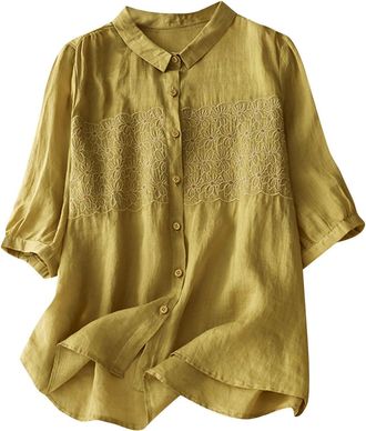 Generic Cotton Linen Tops for Women UK Sale Embroidered T-Shirt Casual Loose Short/Long Sleeve Floral T Shirts Summer Blouses Female Printed Vintage Blouse Lo