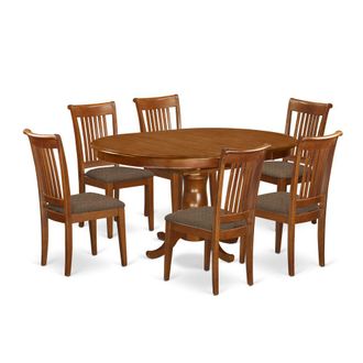 East West Furniture PORT7-SBR-C 7 PC Dining room set-Oval Dining Table with Leaf and 6 Dining Chairs