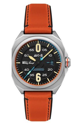 AVI-8 Bell X-1 Machbuster Automatic Leather/Rubber Strap Watch, 41mm in Black/Orange at Nordstrom