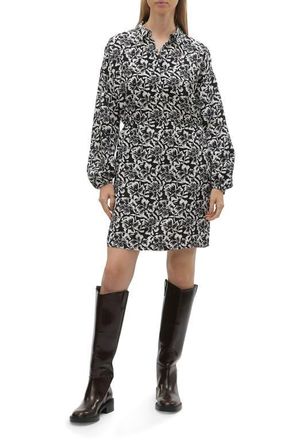 Vero Moda Sophia Floral Print Long Sleeve Shirtdress in Black Aop White Flor at Nordstrom, Size X-Small