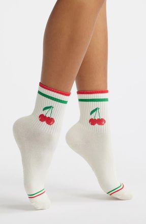 Stems Cherry Metallic Stripe Grippy Crew Socks in Ivory at Nordstrom