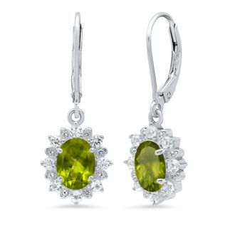 MAX + STONE Sterling Silver Halo Sunburst Oval Gemstone Leverback Earrings with White Topaz Accent