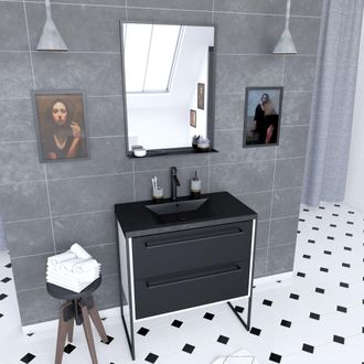 Aurlane Mueble Ba&ntilde;o 80x50 Blanco - 2 Cajones Negro Mate - Lavabo Piedra - Espejo