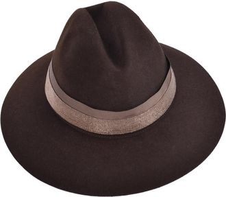 Brunello Cucinelli Brown Felt Fedora With Beaded Band, Size Medium