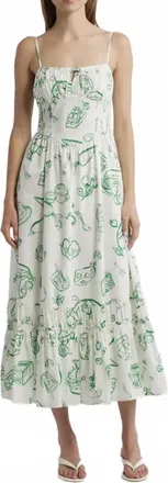 Moon River Doodle Line Midi Dress In Green Multi