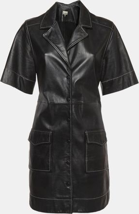Ganni Ganni Black Leather Short Sleeve Belted Shirt Dress