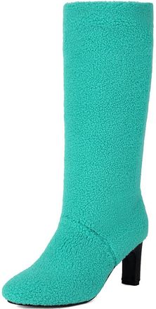 Generic Womens High Heeled Mid-Calf Boots Pull on Slouch Long Boots Round Toe Winter Casual Boot,Green,5.5 UK