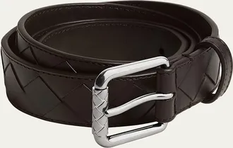 Bottega Veneta Mens Intrecciato Calf Leather Belt with Roller Buckle