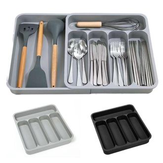 OEM Bandeja Extensible De Pl&aacute;stico Para Utensilios, 6 Compartimentos, Gris Antracita