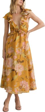 Reiss Lucy Floral Print Frill Trim Midi Dress