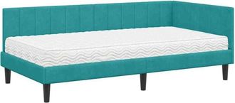 vidaXL Corner Bed Frame with Mattress Turquoise 90 x 190 cm Velvet vidaXL