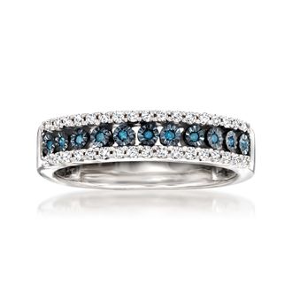 Ross-Simons White and Blue Diamond 3-Row Ring in Sterling Silver