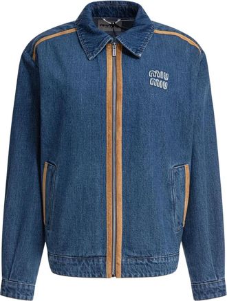 Miu Miu Giacca denim con logo e finiture in pelle scamosciata - Blu