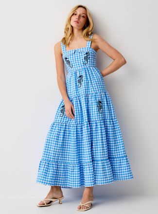 Icone Womens Embroidered seahorses maxi tiered seersucker dress