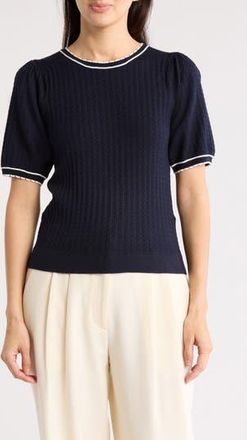 Adrianna Papell Ladylike Scalloped Short Sleeve Sweater in Navy/ivory at Nordstrom Rack, Size X-Large