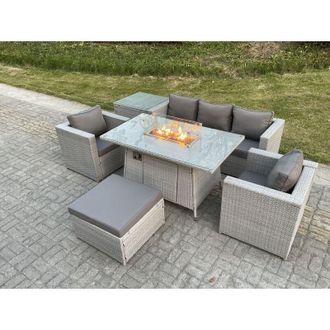 Fimous Rattan Garden Furniture Set Gas Fire Pit Lounge Sofa Chair Dining Set With Side Table And 2 pc Arm Chair Footstool - Fimous