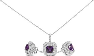 House of Brilliance 925 Sterling Silver Created Purple Amethyst and White Sapphire Halo Set