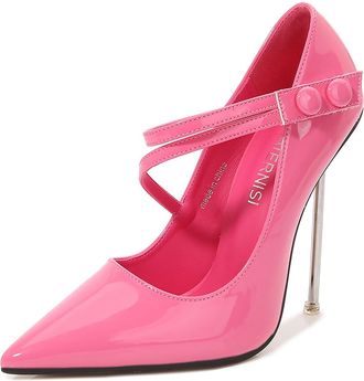 Generic Pink,5.5 UK,Womens High Stiletto Heels with Double Ankle Straps 4.72 inch/12cm Patent Leather Pumps Pointy Closed Toe Slip-on Evening Party Dress Shoe